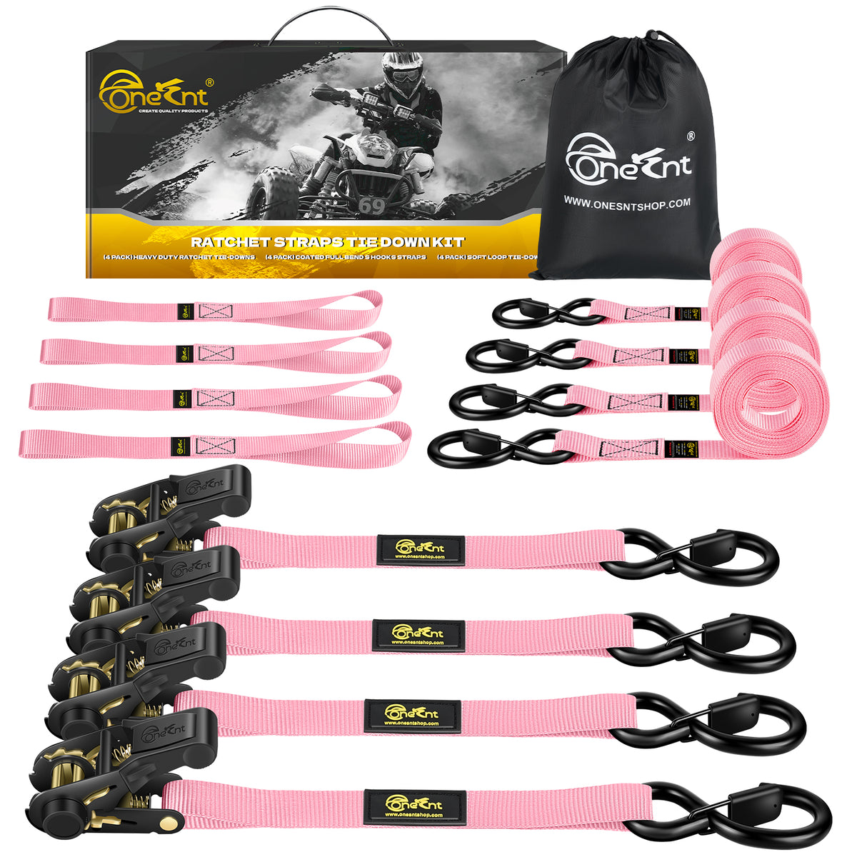 4Pcs Ratchet Tie Down Straps Kit for 2400lb Break Strength | 1” x 16FT Tie Down Straps with Soft Loop Tie-Downs & Safety S Hook - Cargo Strap Tie Down for Trucks, Motorcycle, Moving, Appliances - Pink