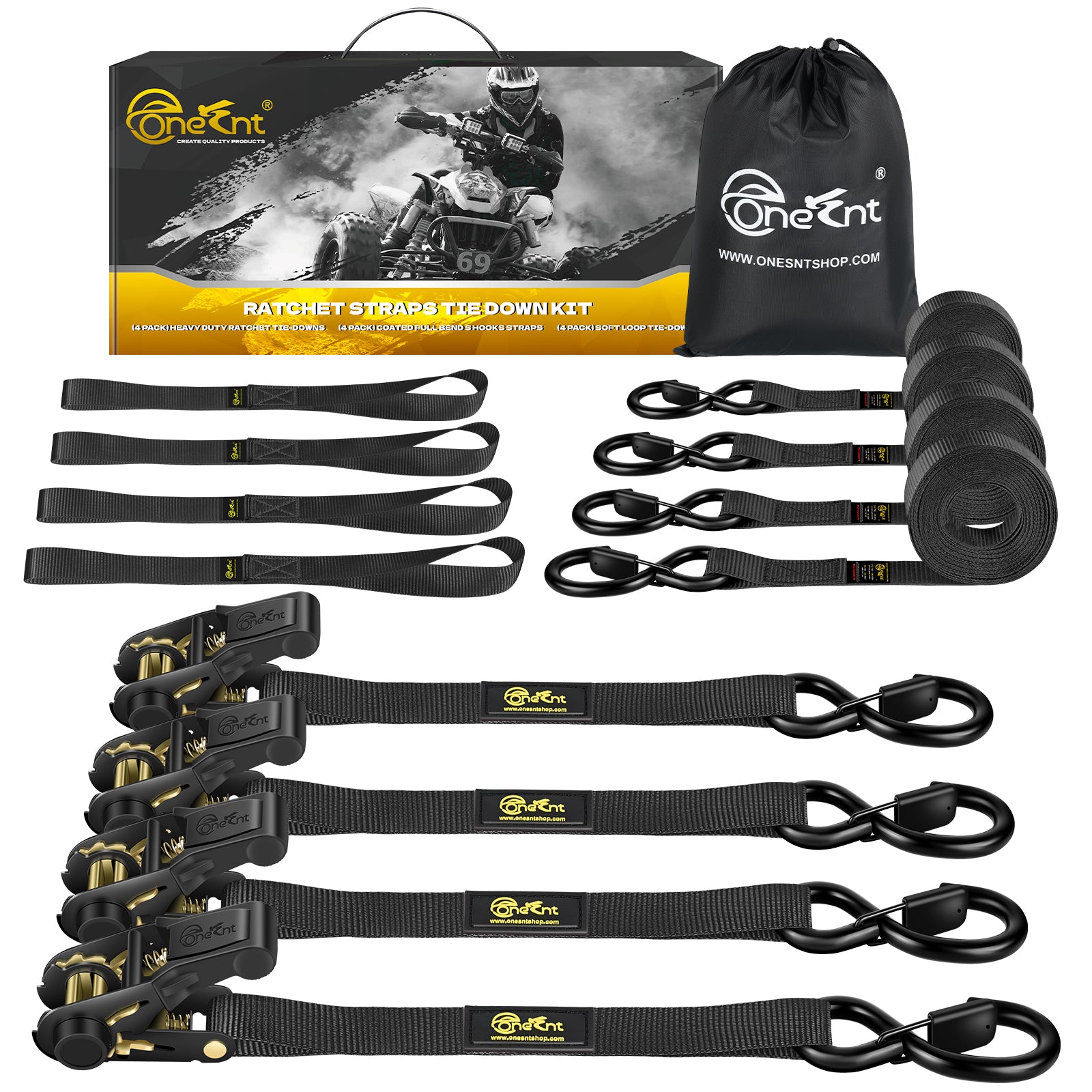 4Pcs Ratchet Strap Tie Down Kit | 1" x 16 FT Heavy Duty Ratchet Straps - 2400lb Break Strength with Safety S Hooks+Soft Loop Tie-Downs for Trucks, Cargo, Motorcycle, Moving, Appliances - Black