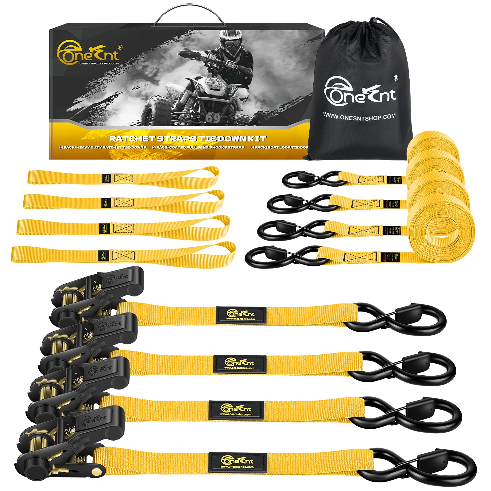 4Pcs 1" x 16 FT Heavy Duty Ratchet Straps | Ratchet Strap Tie Down Kit - 2400lb Break Strength with Safety S Hooks+Soft Loop Tie-Downs for Trucks, Cargo, Motorcycle, Moving, Appliances - Gold