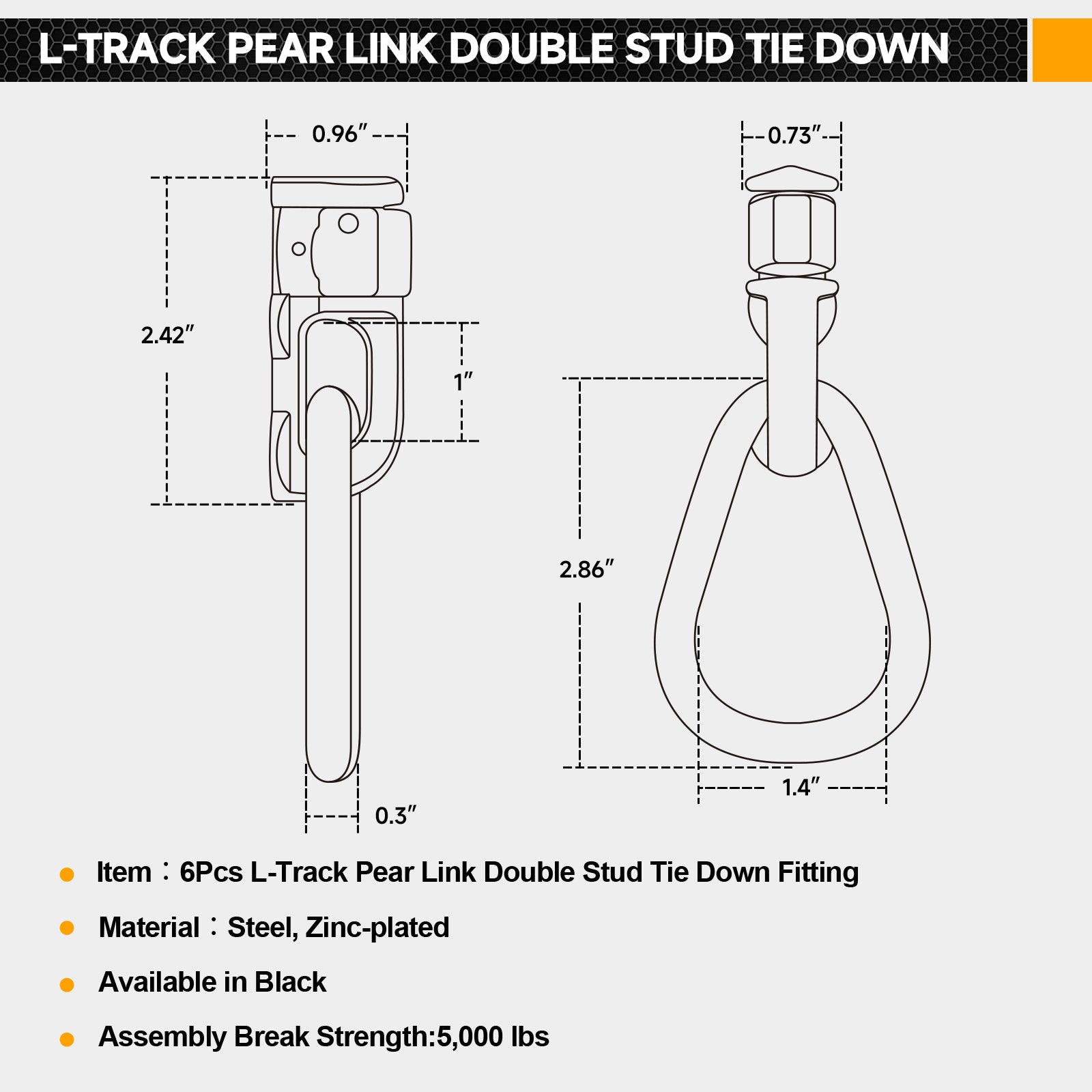 L-Track Double Stud Tie Down Fitting with Pear Link