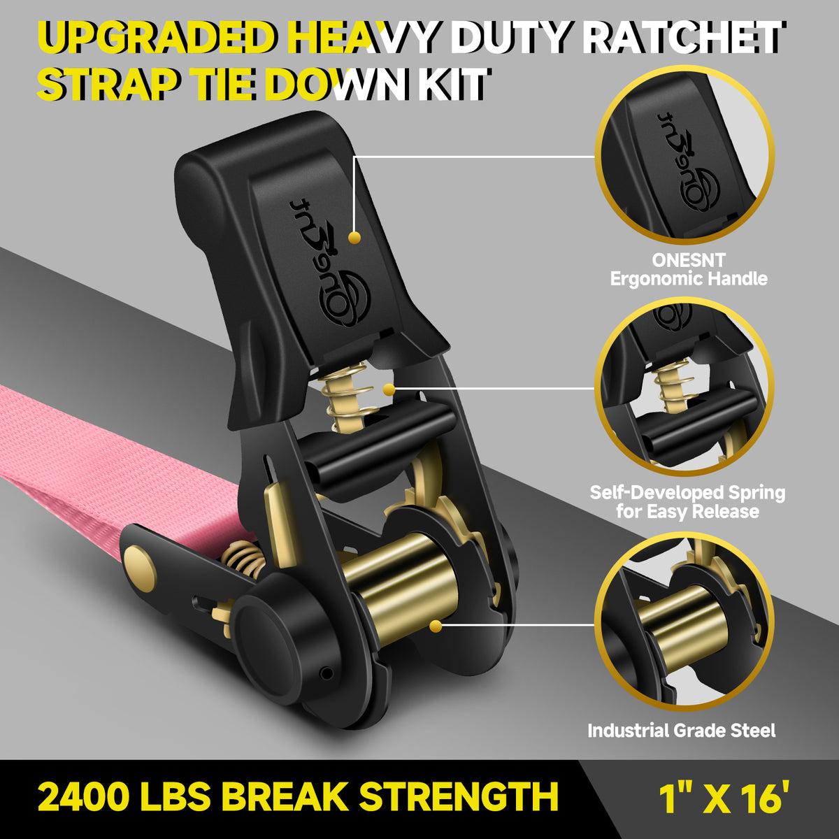 4Pcs Ratchet Tie Down Straps Kit for 2400lb Break Strength | 1” x 16FT Tie Down Straps with Soft Loop Tie-Downs & Safety S Hook - Cargo Strap Tie Down for Trucks, Motorcycle, Moving, Appliances - Pink